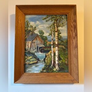 1957 Original Art Gristmill Oil On Canvas Signed Framed Mid Century